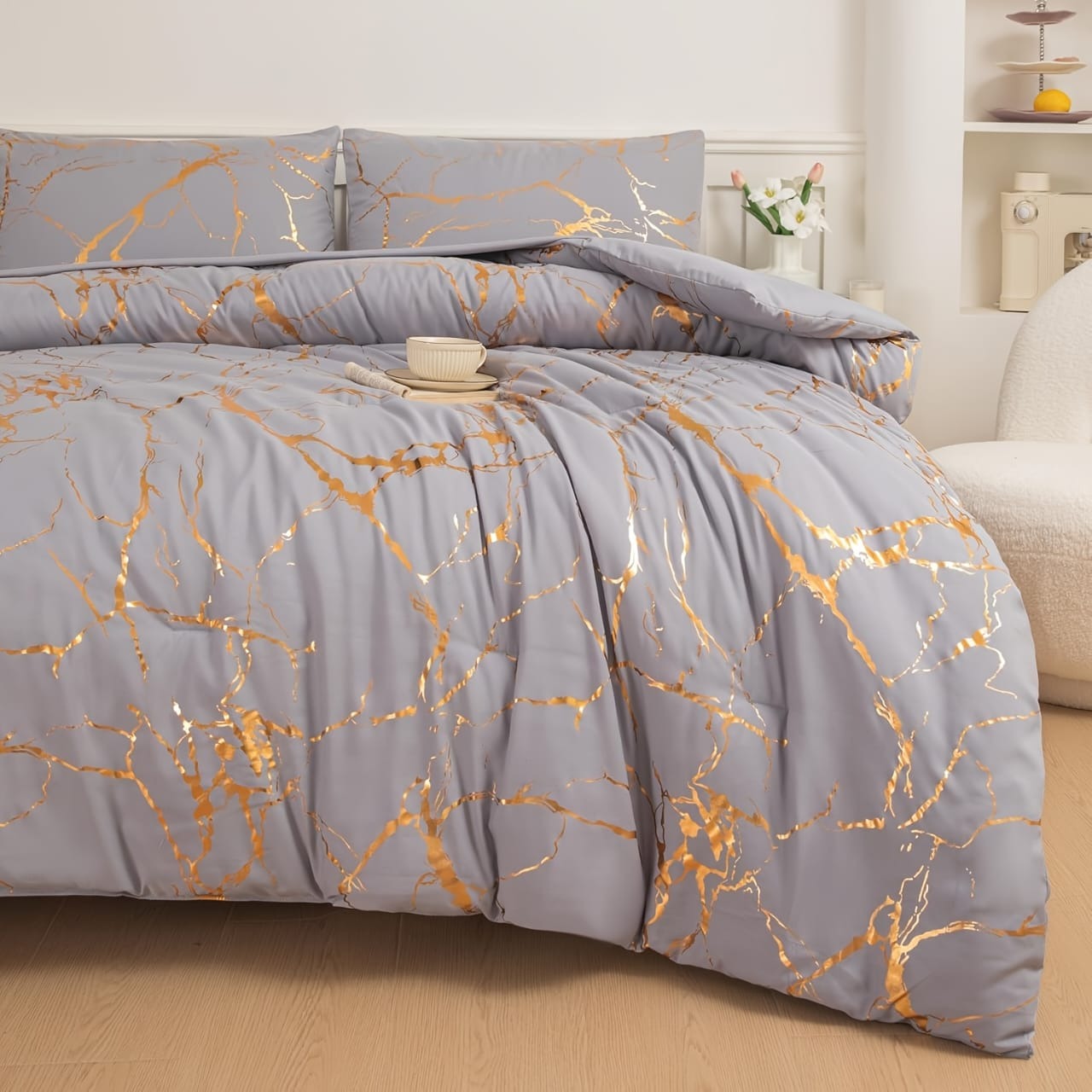 6X7 Gold Marble Texture Foil Style Duvet Cover