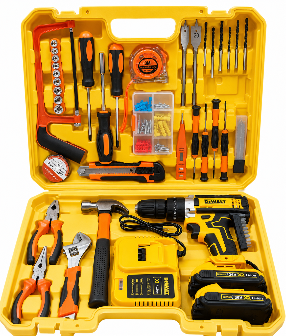 36V Cordless Drill Tool Kit – Complete DIY Power Tool Set with 2 Batteries