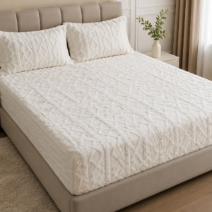 6x6 Jacquard Sherpa Fleece Bedsheet with 2 Pillow Cases – Soft Fitted Embossed Bedding Se