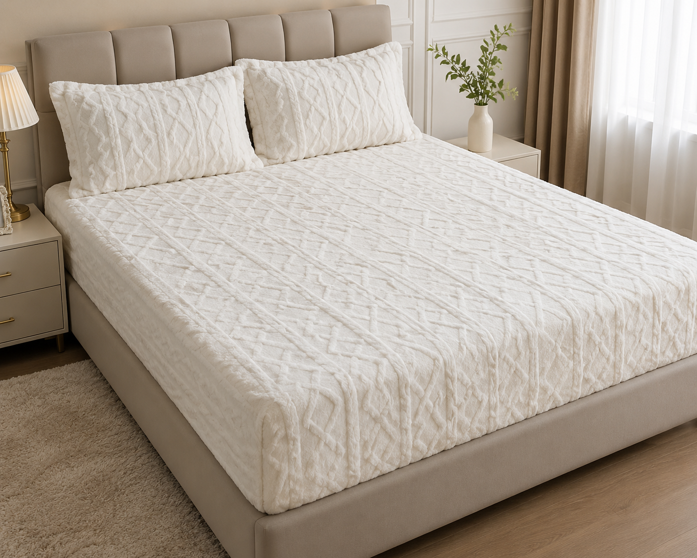 6x6 Jacquard Sherpa Fleece Bedsheet with 2 Pillow Cases – Soft Fitted Embossed Bedding Se
