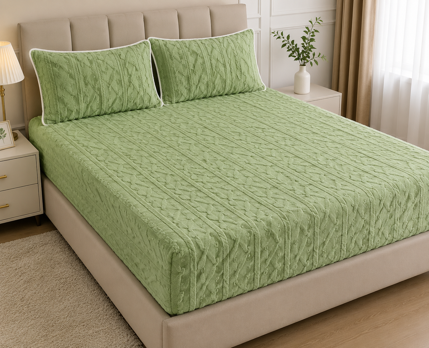 6x6 Jacquard Sherpa Fleece Bedsheet with 2 Pillow Cases – Soft Fitted Embossed Bedding Set