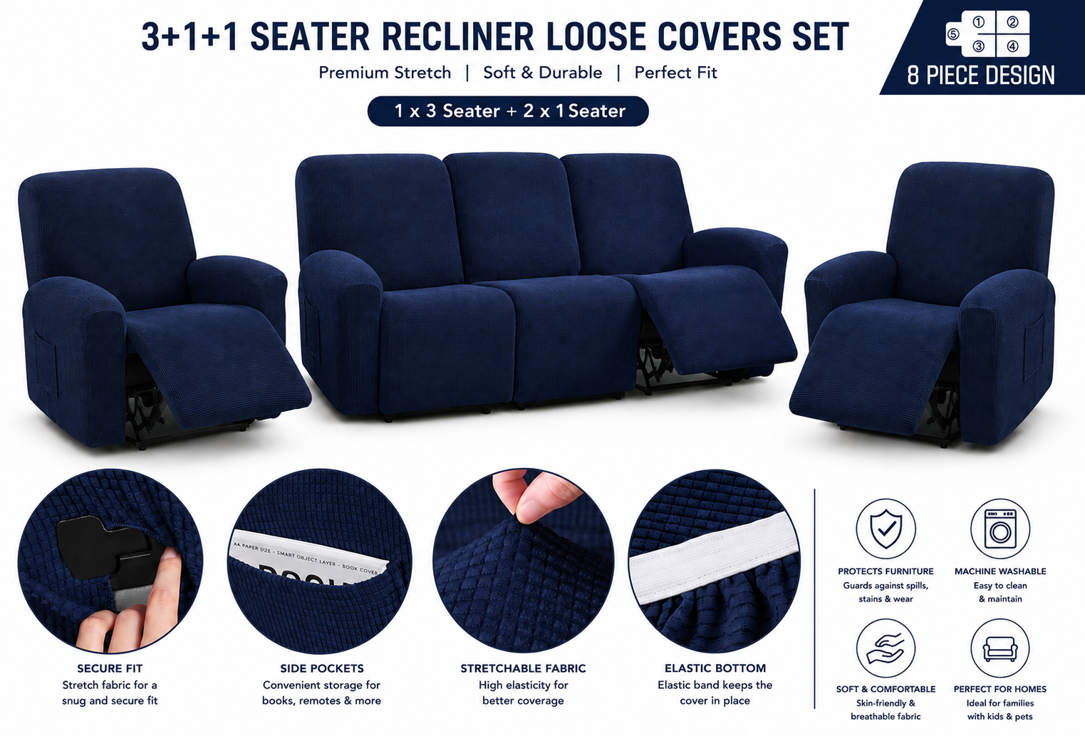 5 Seater Recliner Loose Covers | Stretch Washable Sofa Covers