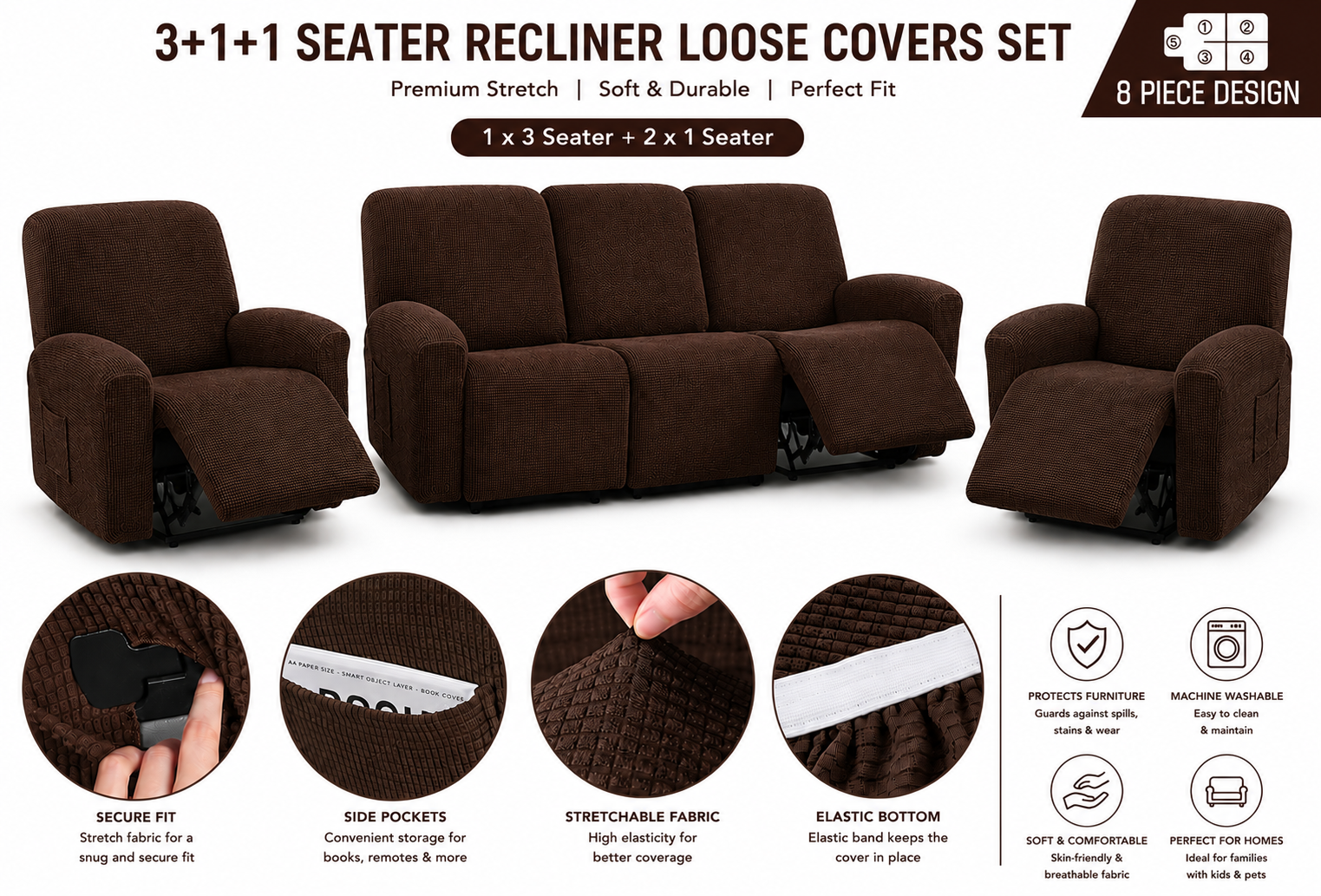 5 Seater Recliner Loose Covers | Stretch Washable Sofa Covers