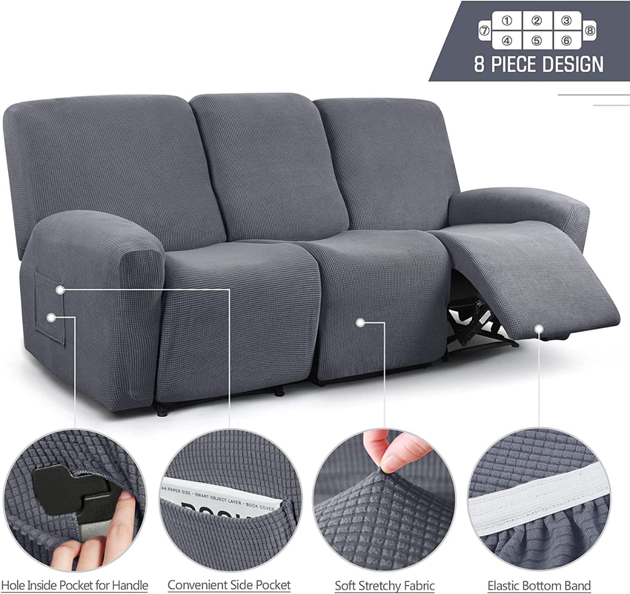 Premium 3 Seater Recliner Slipcover – Stretch Loose Cover for Recliner Sofas