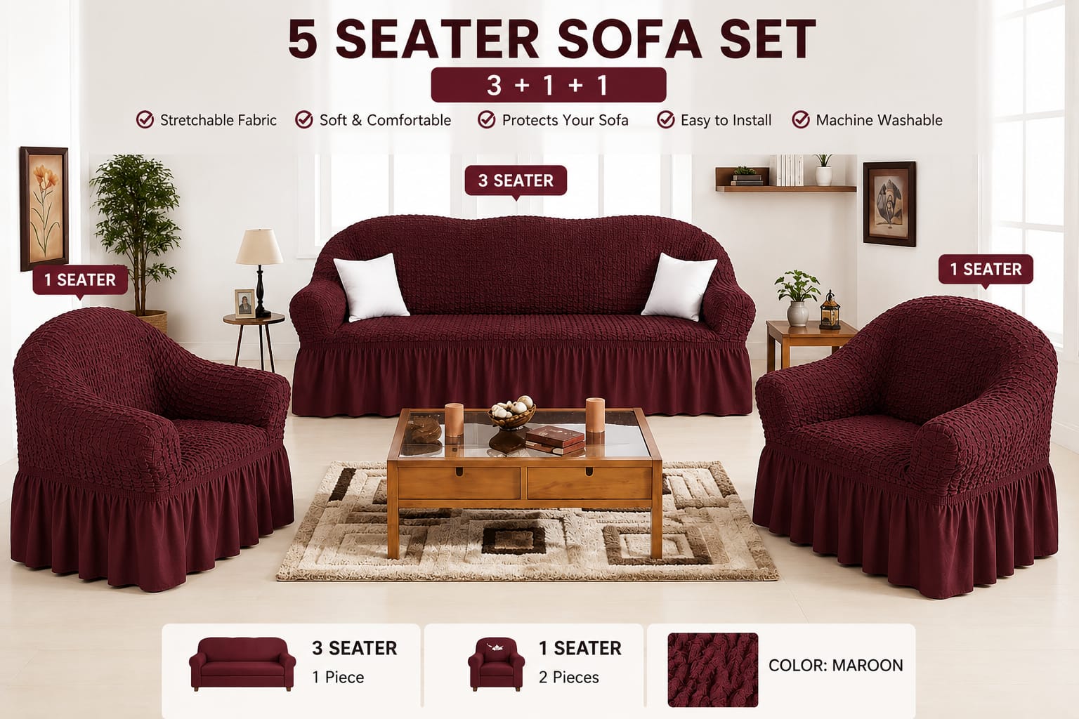 5 Seater Loose Covers – Stretch Washable Sofa Protector Slipcover
