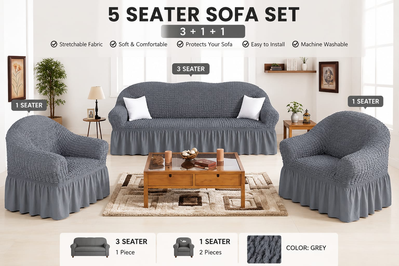 5 Seater Loose Covers – Stretch Washable Sofa Protector Slipcover