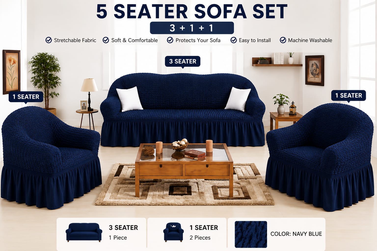 5 Seater Loose Covers – Stretch Washable Sofa Protector Slipcover