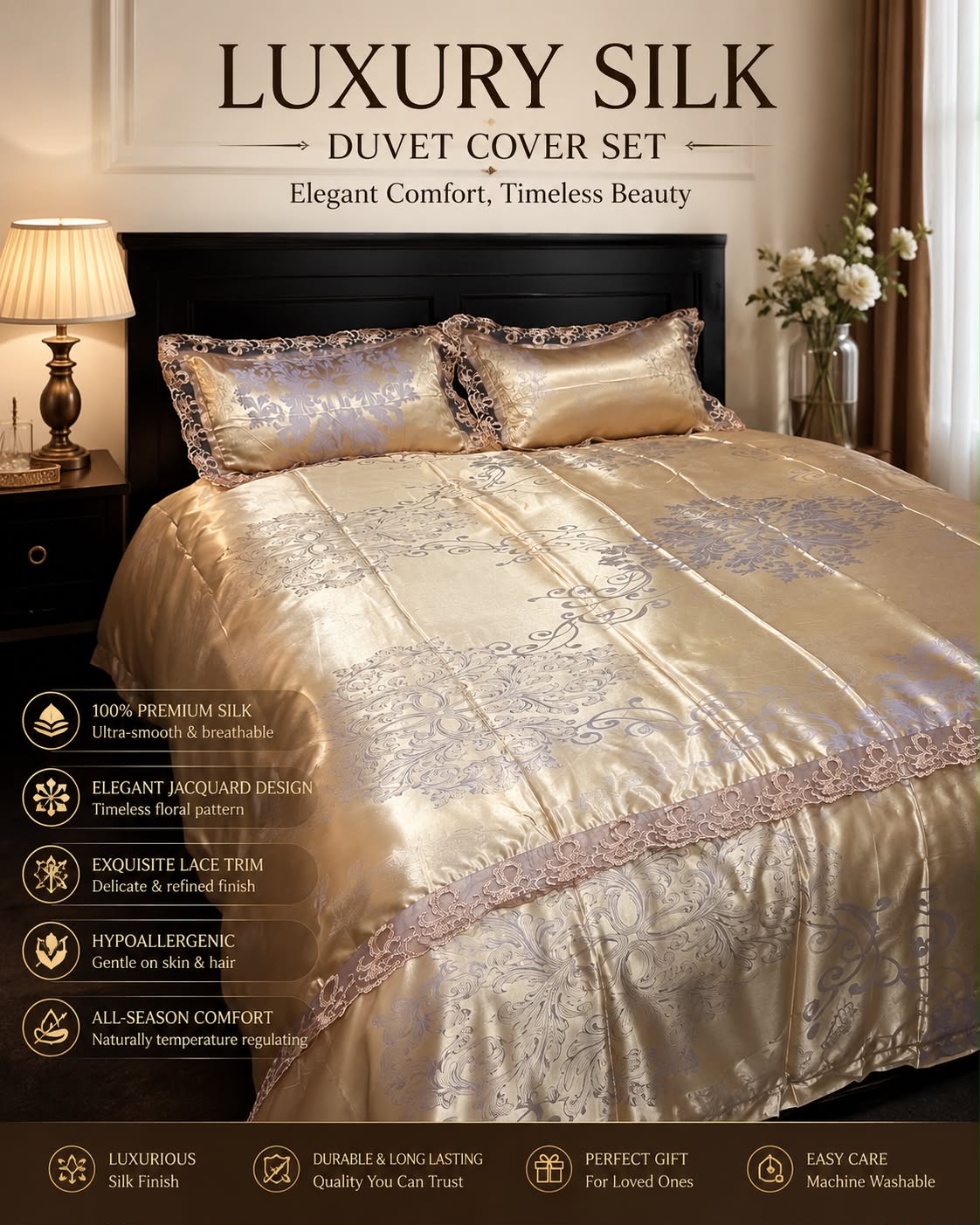 4 Piece Luxury Silk Duvet Cover Set 6x7 (220×240cm) – Premium Silk Bedding Set with Lace Design - Image 3